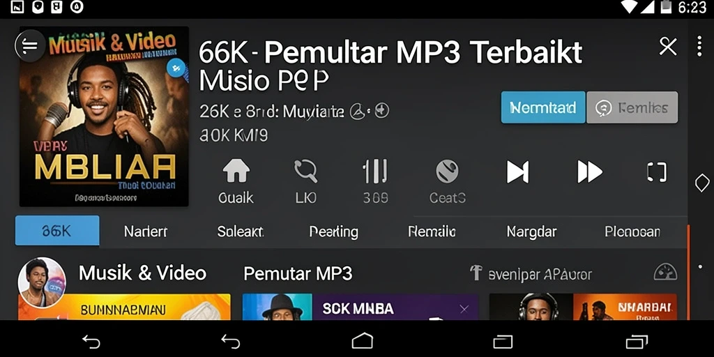 Antarmuka aplikasi 66K dengan berbagai fitur Pemutar MP3.